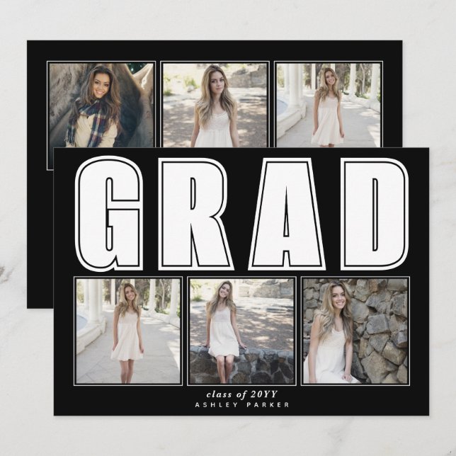 Modern black Class of 2026 GRAD graduation Announcement (Front/Back)