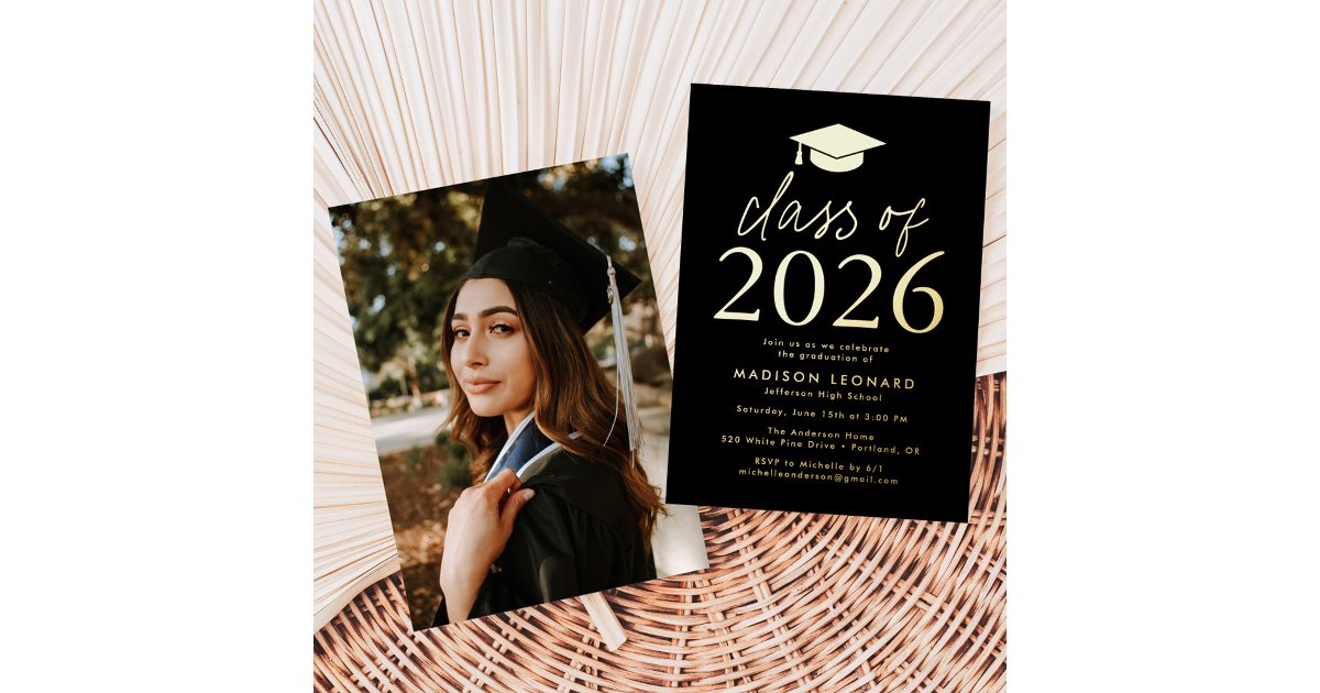 Modern Black Class of 2026 Graduation Party Foil Invitation | Zazzle