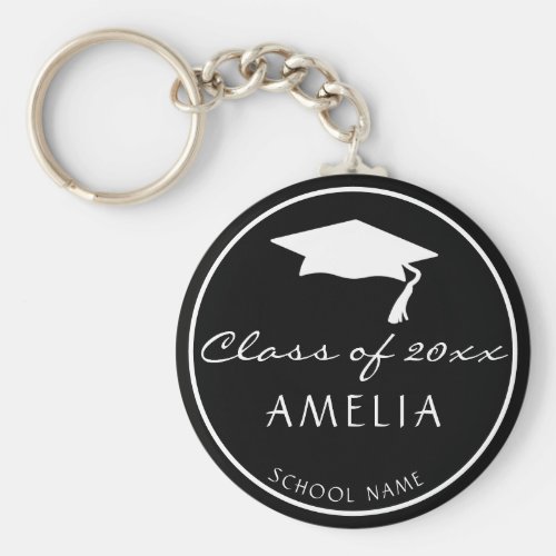 Modern Black Class of and Graduate Name Graduation Keychain - Modern and Simple Black Class of Graduation Keychain with a graduate name, school name and white graduation cap. Trendy white script is on black background. Personalize the keychain and make a great personalized gift and keepsake for a graduate.