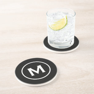 Modern Black Classic Monogram Stone Coaster