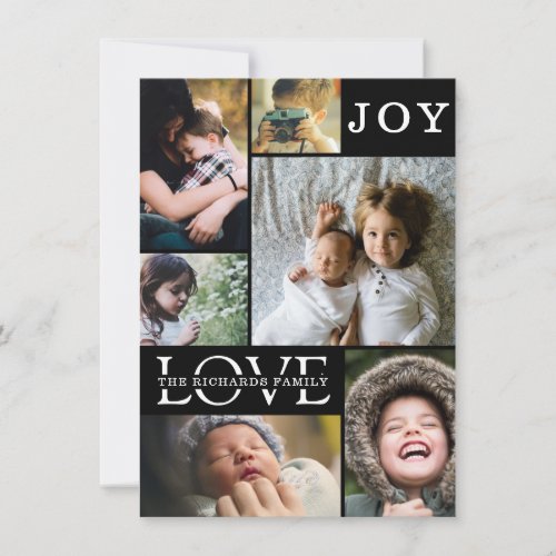 Modern Black Color Block Family 6 Photo Collage Holiday Card