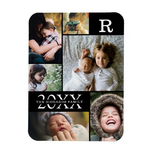 Modern Black Color Block Family 6 Photo Collage Magnet