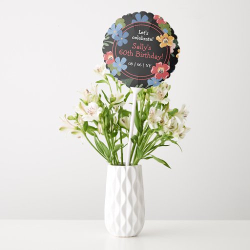 Modern Black Colorful Floral 60th Birthday Party Balloon