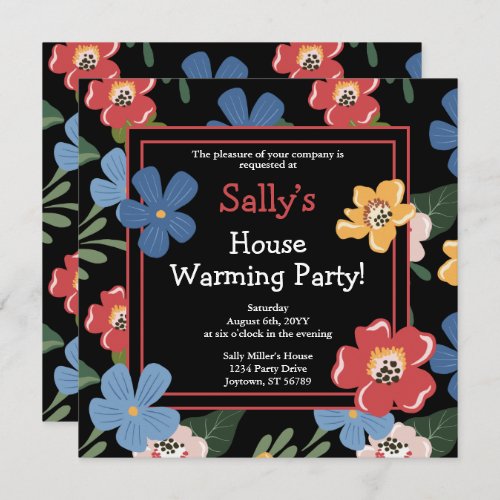 Modern Black Colorful Floral House Warming Party Invitation