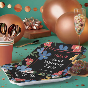 Modern Black Colorful Floral House Warming Party Paper Plates