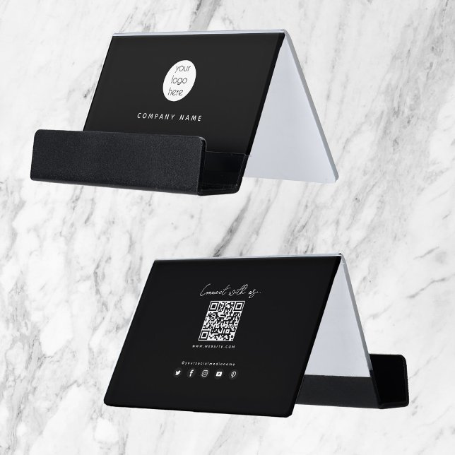 Modern Black Connect With Us QR Code Social Media  Desk Business Card Holder (Creator Uploaded)