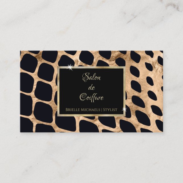 Modern Black Copper and Gold Animal Print Salon Business Card (Front)