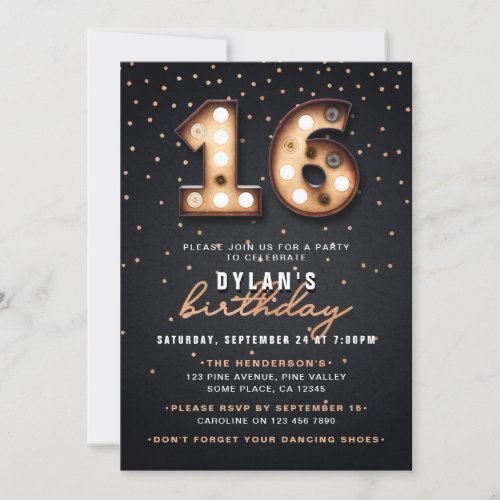 Modern Black  Copper Confetti 16th Birthday Party Invitation