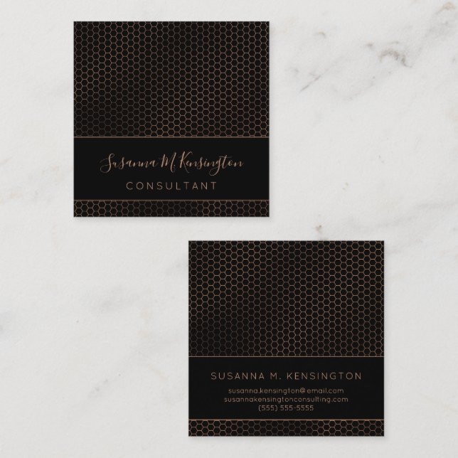 Modern Black Copper Gold Foil Hexagon Geometric  Square Business Card (Front/Back)