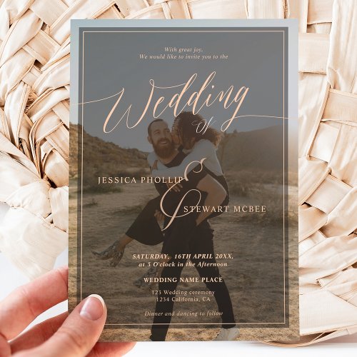 Modern black coral wedding script 2 photos invitation