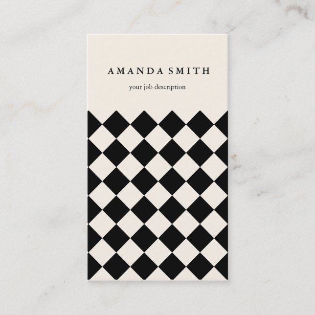 Modern Black Cream Diagonal Checkered  Business Card (Front)