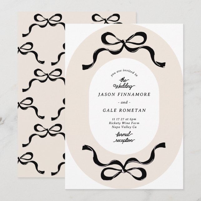 Modern Black Cream Retro Bows Photo Wedding Invitation (Front/Back)