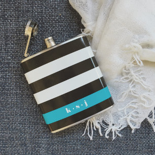 Modern Black, Cream & Turquoise Stripe Hip Flask