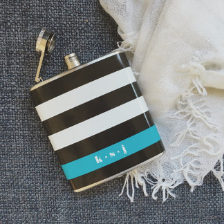 Modern Black, Cream & Turquoise Stripe Hip Flask