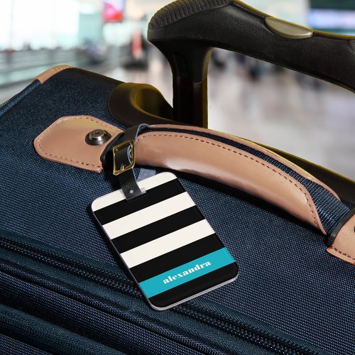 Modern Black Cream  Turquoise Stripe Luggage Tag