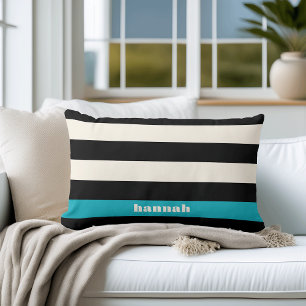 Modern Black, Cream & Turquoise Stripe Lumbar Pillow