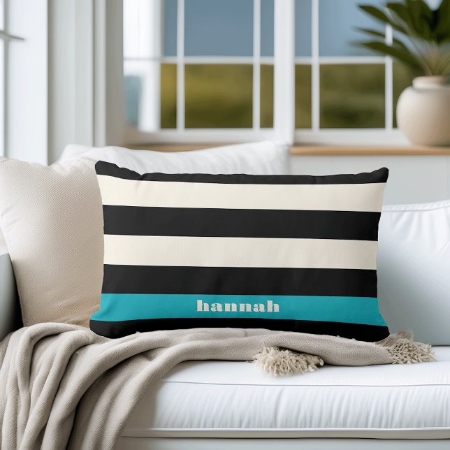 Modern Black, Cream & Turquoise Stripe Lumbar Pillow (Creator Uploaded)