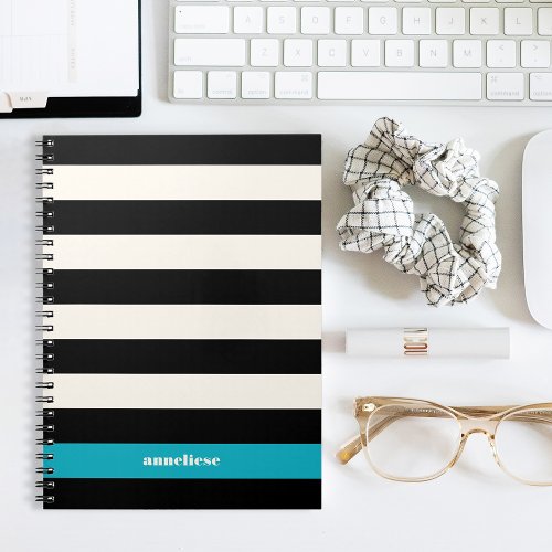 Modern Black Cream  Turquoise Stripe Notebook