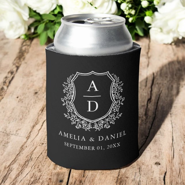 Modern Black Crest Modern Monogram Wedding  Can Cooler (Creator Uploaded)
