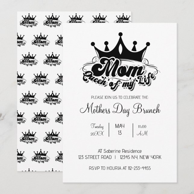 Modern Black Crown MOM Queen of my life Invitation (Front/Back)