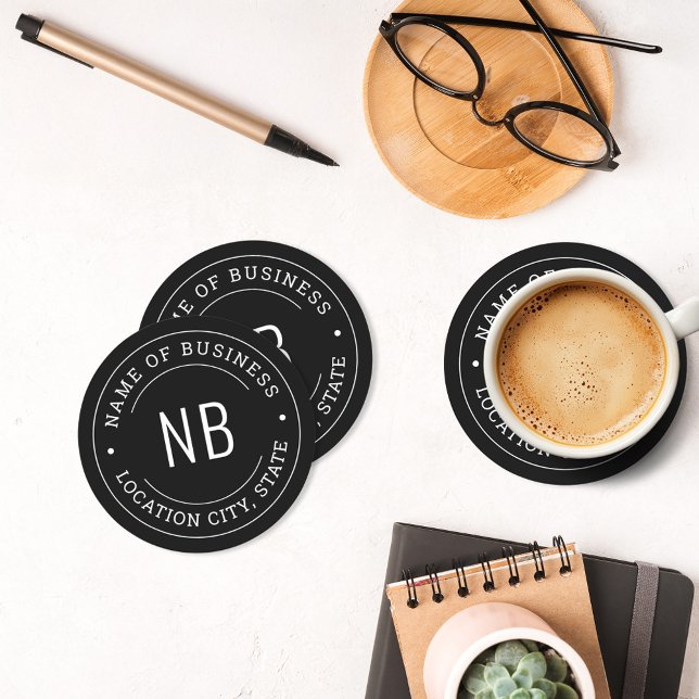 Modern Black Custom Business Company Name Round Paper Coaster (Creator Uploaded)