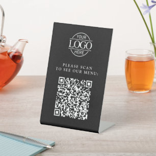 Modern Black Custom Business Logo QR Code Menu  Pedestal Sign