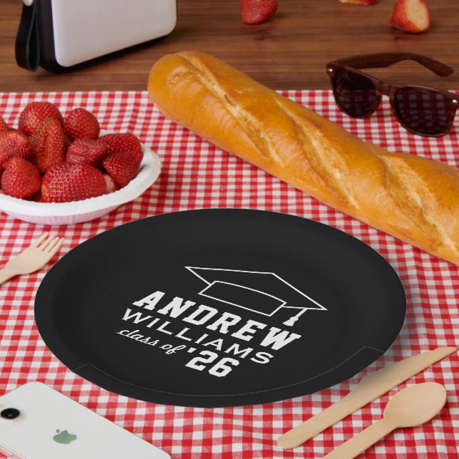 Modern Black Custom Graduation Party Paper Plates (Picnic)