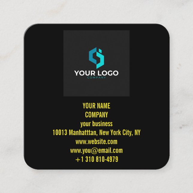 Modern Black Custom Logo and QR Code Square Business Card (Front)