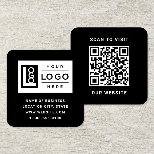 Customizable Modern Black Custom Logo and QR Code Square Business Card