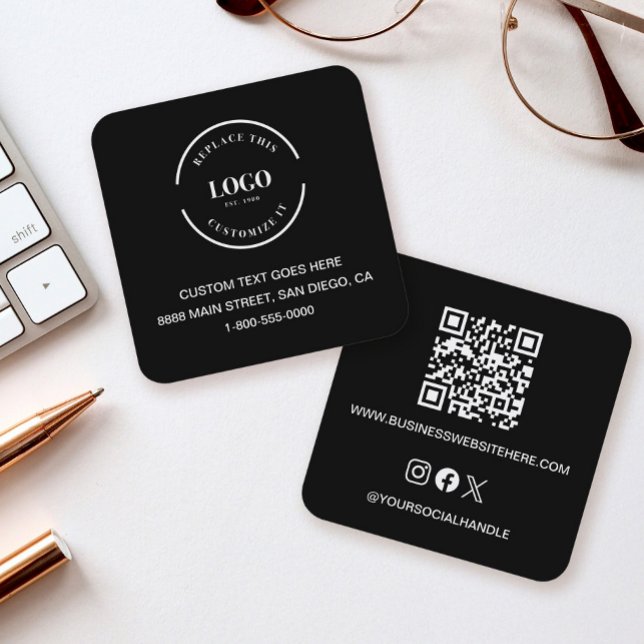 Modern Black Custom Logo Business Card QR code (Sleek black square business cards with logo, contact info, text, QR code, website social media icons)