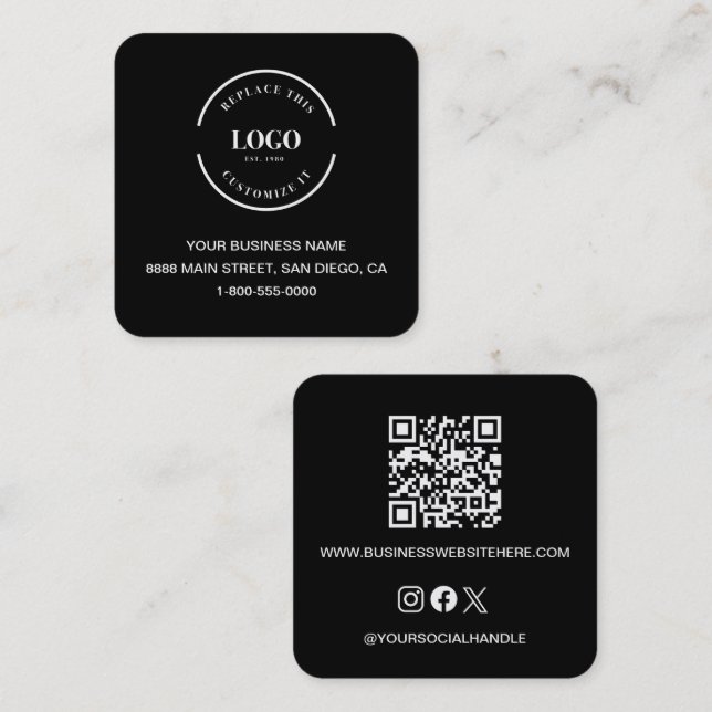 Modern Black custom logo website QR code square Business Card (Front/Back)