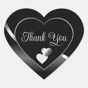 Modern Black Cute Hearts and Wavy Silver Thank You Heart Sticker