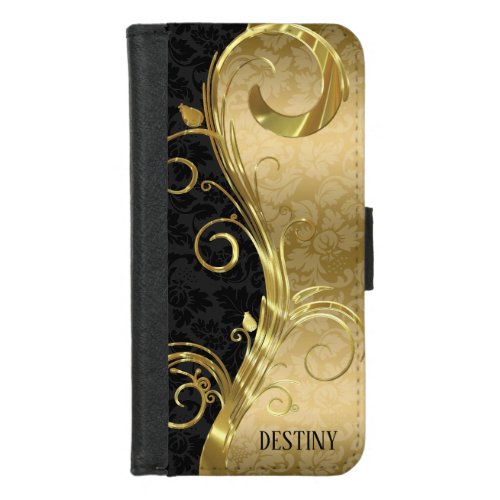 Modern Black Damasks Gold Swirls iPhone 87 Wallet Case