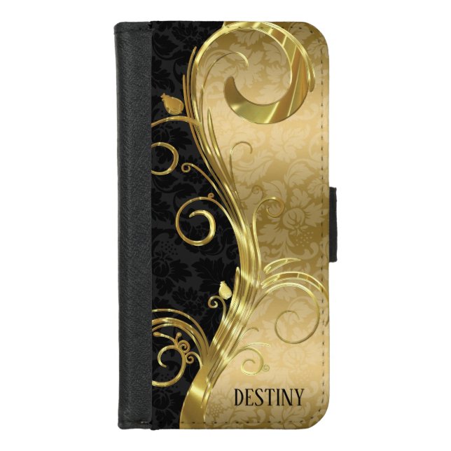Modern Black Damasks Gold Swirls iPhone Wallet Case (Front)