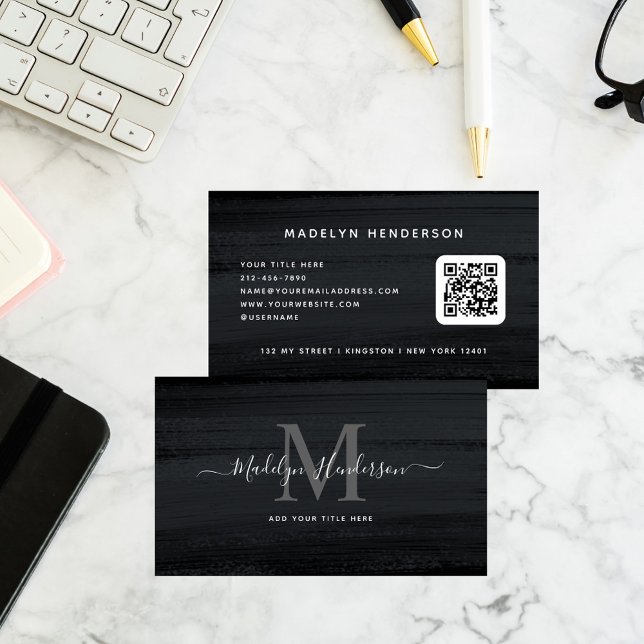 Modern Black Dark Grey Brush Strokes QR Code Business Card (Creator Uploaded)