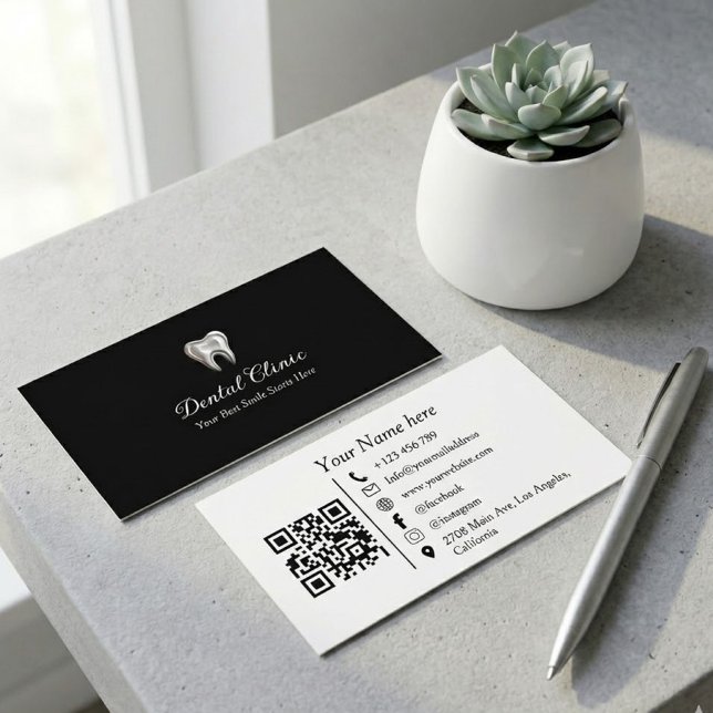 Modern Black Dental Clinic Logo QR Code Dentist Business Card (Creator Uploaded)