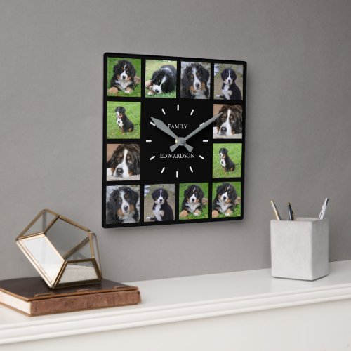 Modern black dog photo collage family name square wall clock