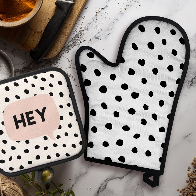 Modern Black Dots & Bubble Chat Pink With Hey Oven Mitt & Pot Holder Set (Creator Uploaded)