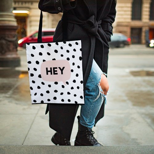 Modern Black Dots  Bubble Chat Pink With Hey Tote Bag