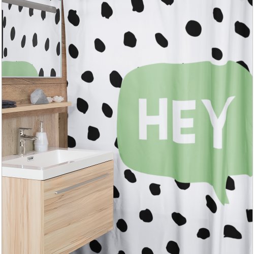 Modern Black Dots  Green Bubble Speech With Hey  Shower Curtain