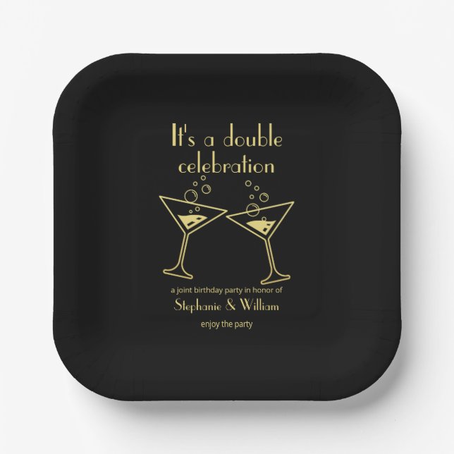 Modern Black Double Celebration Joint Birthday Paper Plates (Front)