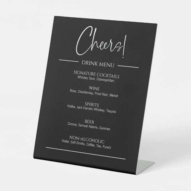 Modern Black Drink Menu Wedding Pedestal Sign (Front)