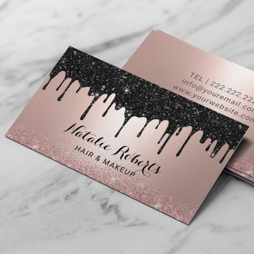 Modern Black Drips Rose Gold Makeup Hair Salon Business Card