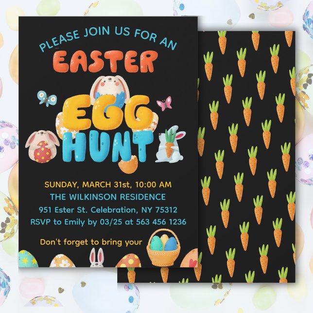Modern Black Easter Egg Hunt Party  Invitation (Get this playful and colorful invitation for your Easter celebration, customize it today!)