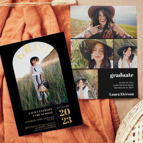 Modern black elegant 5 photos graduation foil invitation