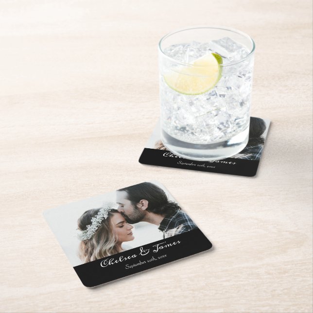 Modern Black Elegant Calligraphy Photo Wedding  Square Paper Coaster (Insitu)