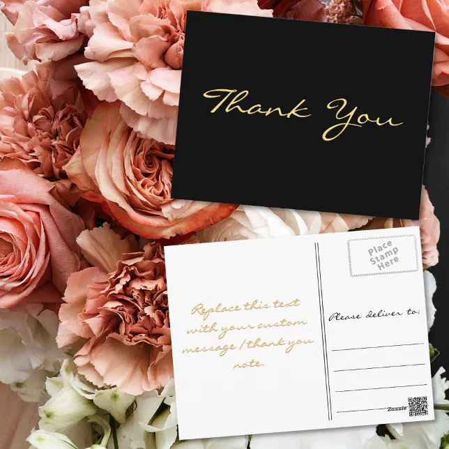 Modern Black Elegant Faux Gold Script Thank You Postcard | Zazzle