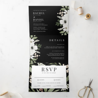 Modern Black Elegant Floral Botanical Wedding Tri-Fold Invitation