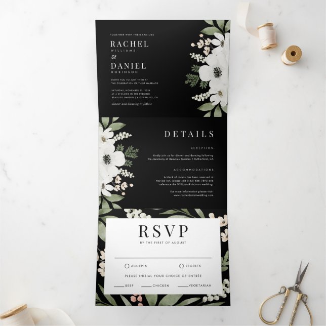 Modern Black Elegant Floral Botanical Wedding Tri-Fold Invitation (Inside)