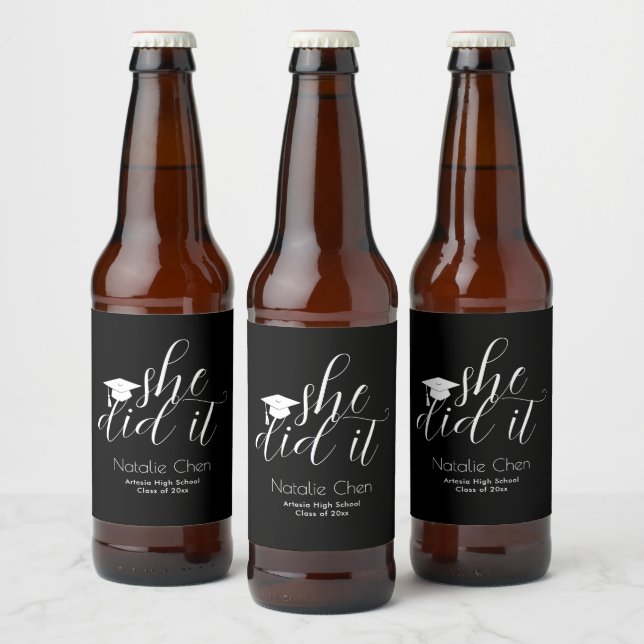 Modern Black Elegant Fonts Graduation Beer Bottle Label (Bottles)